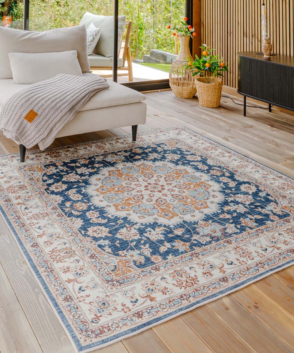 Buitenkleed vierkant Vintage - Valenca Nova goud/blauw - sfeer Buitenkleed vierkant Vintage - Valenca Nova goud/blauw - sfeer