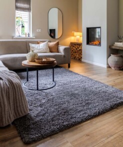 Hoogpolig vloerkleed shaggy Grand effen - donkergrijs - sfeer