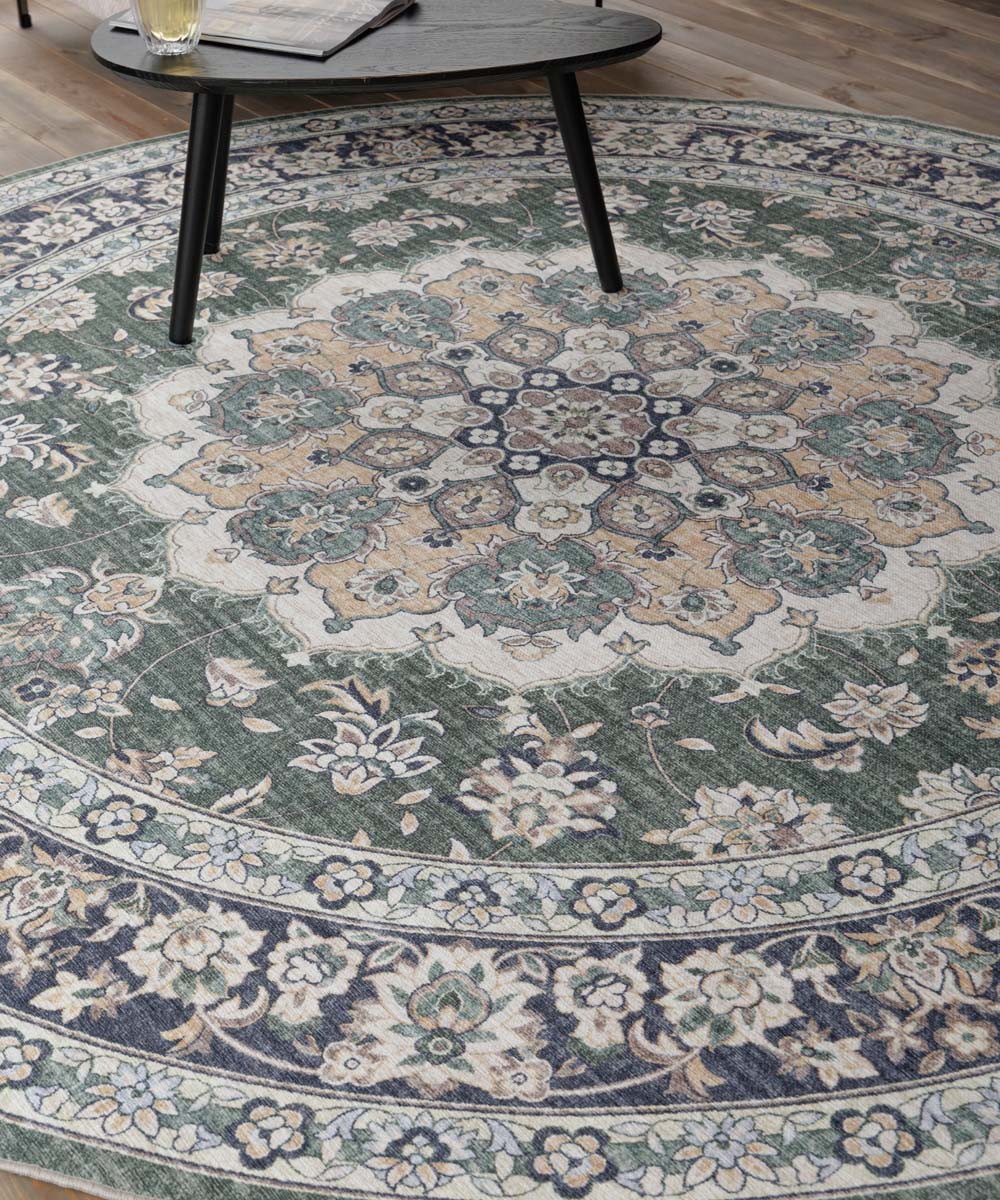 Rond Vintage buitenkleed - Valenca Nova donkergroen - close up Rond Vintage buitenkleed - Valenca Nova donkergroen - close up