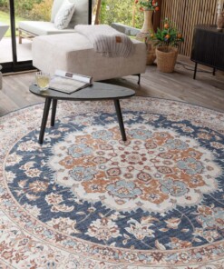 Rond Vintage buitenkleed - Valenca Nova goud/blauw - close up, thumbnail