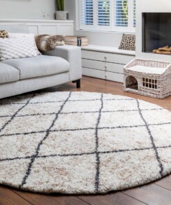 Rond hoogpolig vloerkleed geruit Artisan - wit/grijs - sfeer
