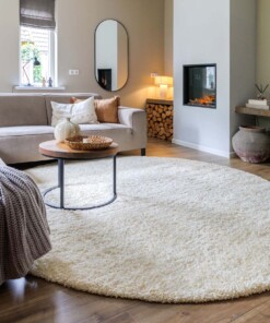 Rond hoogpolig vloerkleed shaggy Grand effen - crème - sfeer