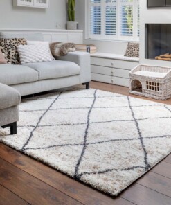 Vierkant hoogpolig vloerkleed geruit Artisan - wit/grijs - sfeer