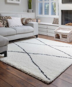 Vierkant hoogpolig vloerkleed ruit Artisan - wit/zwart - sfeer