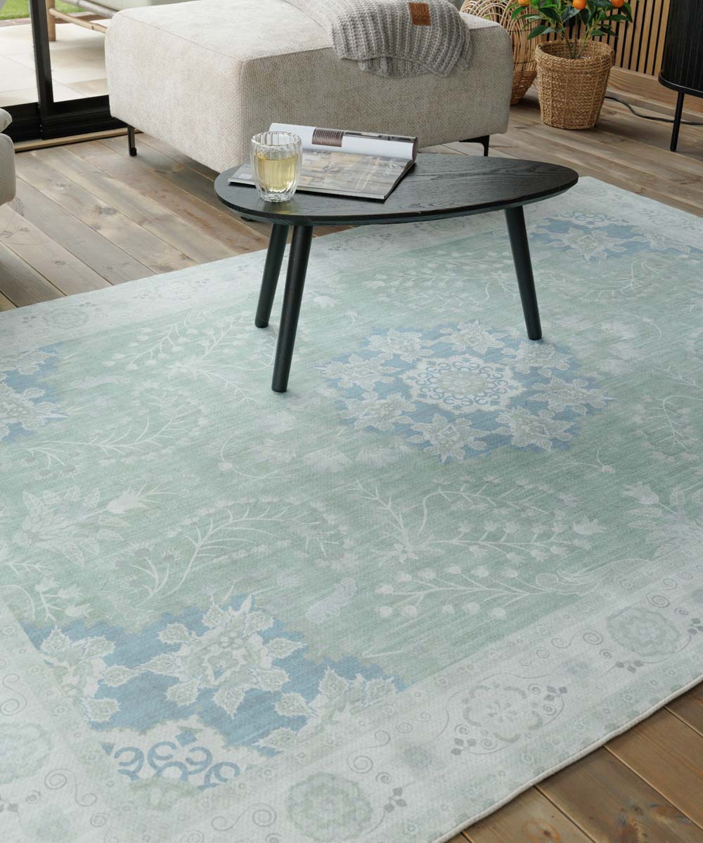 Vintage buitenkleed - Valenca Luna saliegroen - close up Vintage buitenkleed - Valenca Luna saliegroen - close up