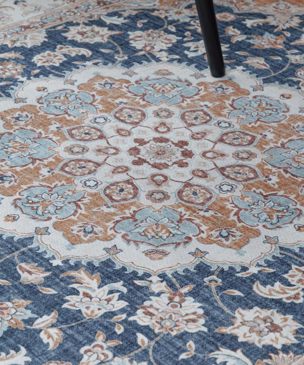 Vintage buitenkleed - Valenca Nova goud/blauw - close up Vintage buitenkleed - Valenca Nova goud/blauw - close up