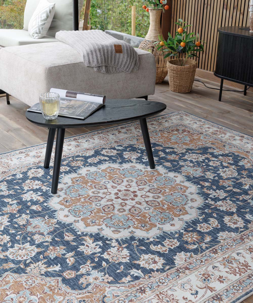 Vintage buitenkleed - Valenca Nova goud/blauw - close up Vintage buitenkleed - Valenca Nova goud/blauw - close up